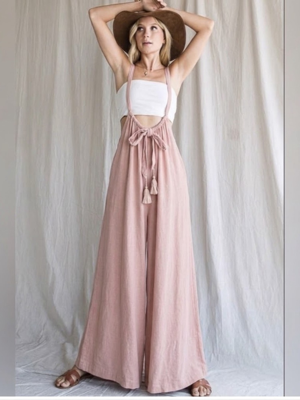 NEW Mazik Wide Leg Linen Jumpsuit Boho Pink MEDIUM Suspender Overalls Tassels